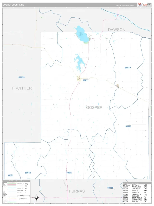 Gosper County, NE ZIP Code Wall Map, Classic style