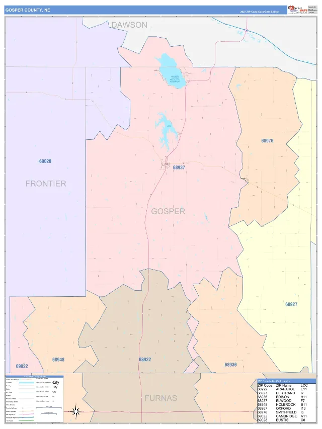 Gosper County, NE ZIP Code Wall Map, ColorCast style