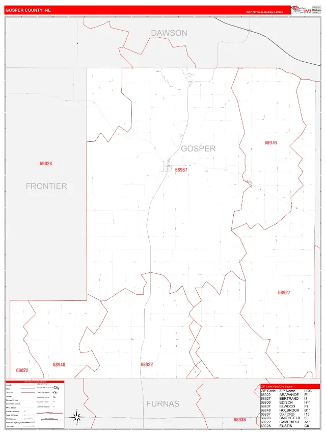 Gosper County, NE ZIP Code Wall Map, RedLine style