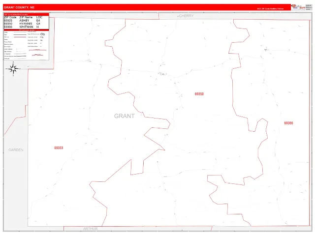 Grant County, NE ZIP Code Wall Map, RedLine style