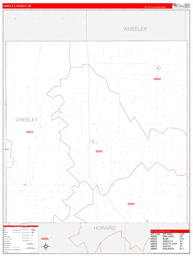 Greeley County, NE ZIP Code Wall Map, RedLine style
