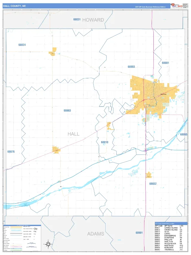 Hall County, NE ZIP Code Wall Map, Business Reference style