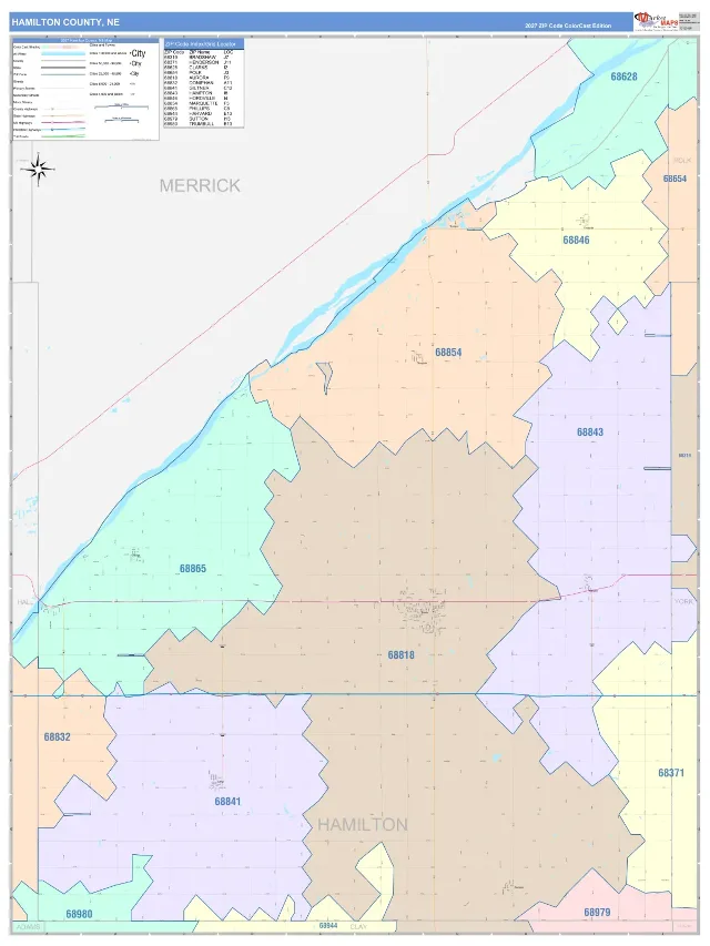 Hamilton County, NE ZIP Code Wall Map, ColorCast style