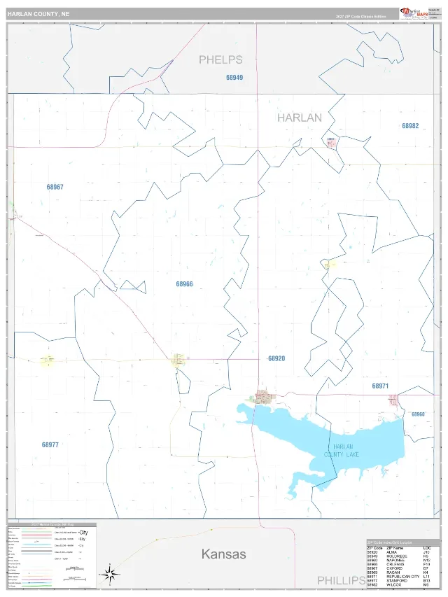 Harlan County, NE ZIP Code Wall Map, Classic style