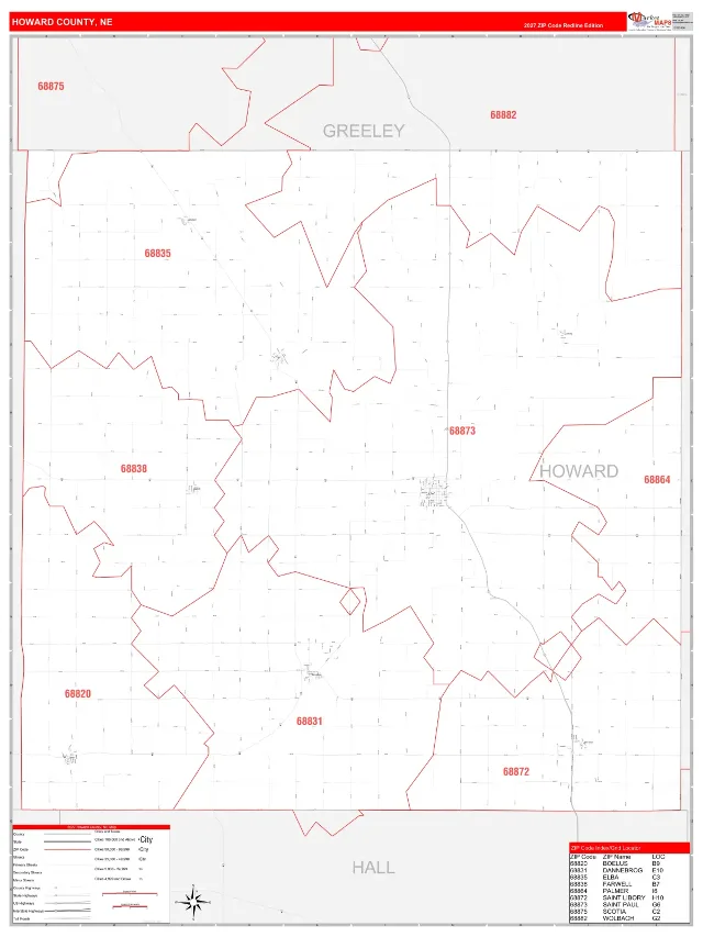 Howard County, NE ZIP Code Wall Map, RedLine style