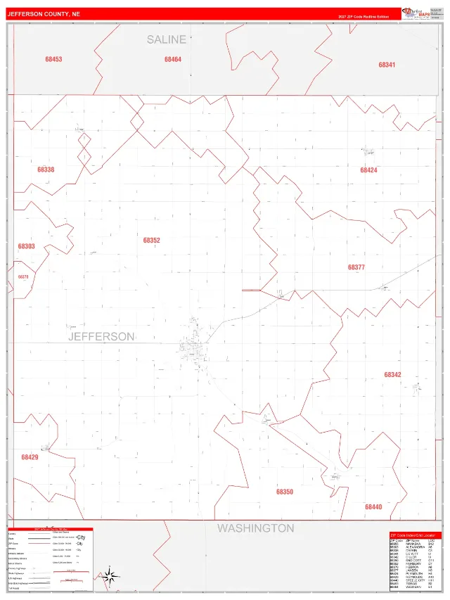 Jefferson County, NE ZIP Code Wall Map, RedLine style