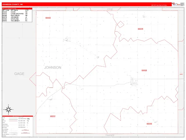 Johnson County, NE ZIP Code Wall Map, RedLine style