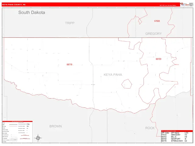 Keya Paha County, NE ZIP Code Wall Map, RedLine style