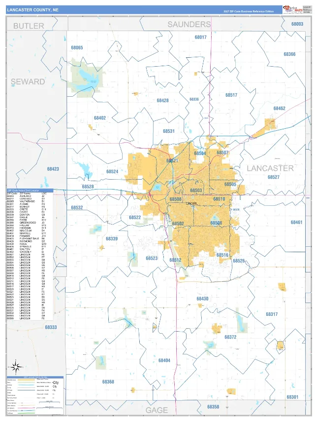Lancaster County, NE ZIP Code Wall Map, Business Reference style