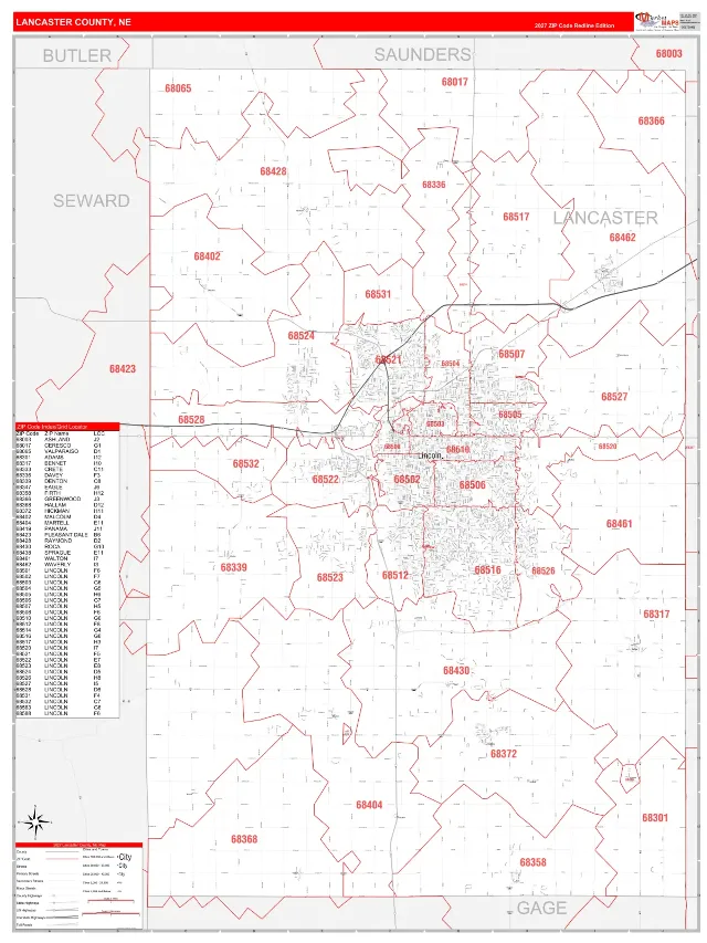 Lancaster County, NE ZIP Code Wall Map, RedLine style
