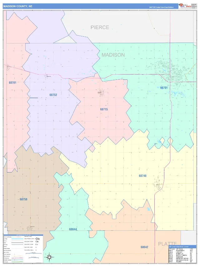 Madison County, NE ZIP Code Wall Map, ColorCast style