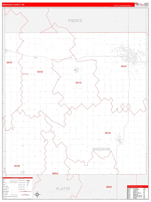 Madison County, NE ZIP Code Wall Map, RedLine style