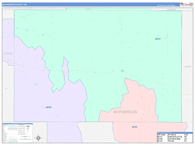 McPherson County, NE ZIP Code Wall Map, ColorCast style