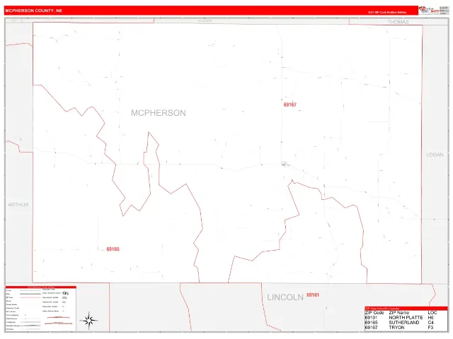 McPherson County, NE ZIP Code Wall Map, RedLine style