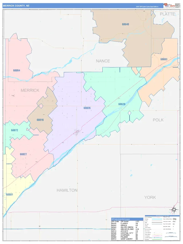 Merrick County, NE ZIP Code Wall Map, ColorCast style