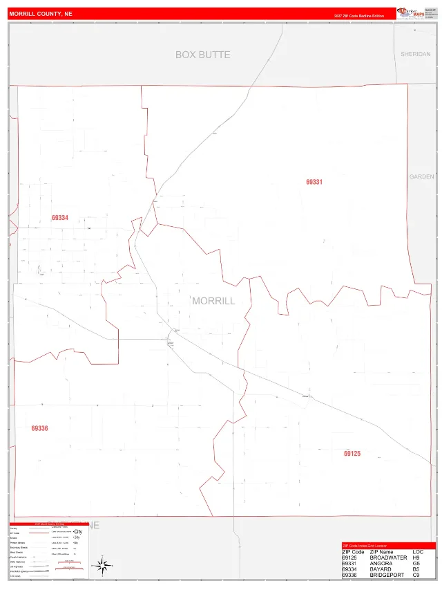 Morrill County, NE ZIP Code Wall Map, RedLine style