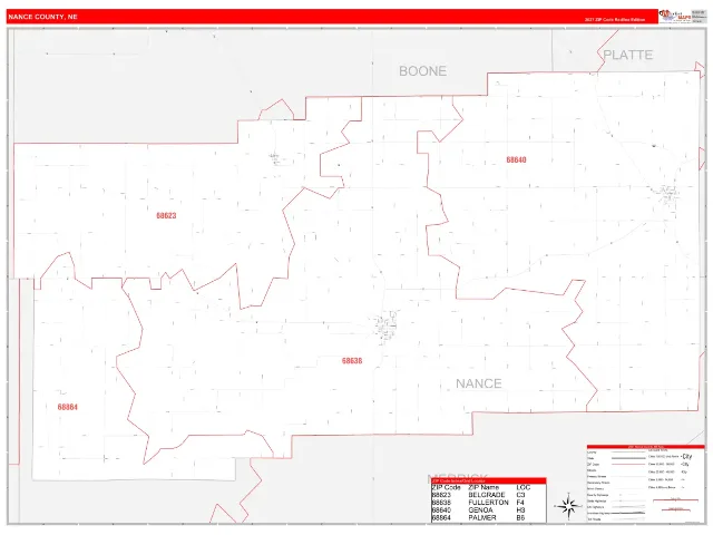 Nance County, NE ZIP Code Wall Map, RedLine style