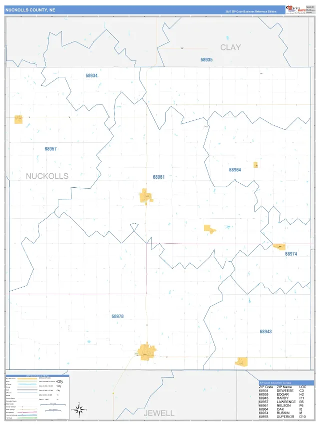 Nuckolls County, NE ZIP Code Wall Map, Business Reference style