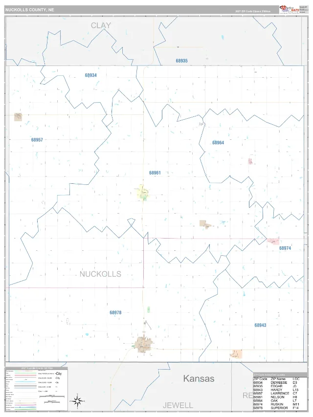 Nuckolls County, NE ZIP Code Wall Map, Classic style