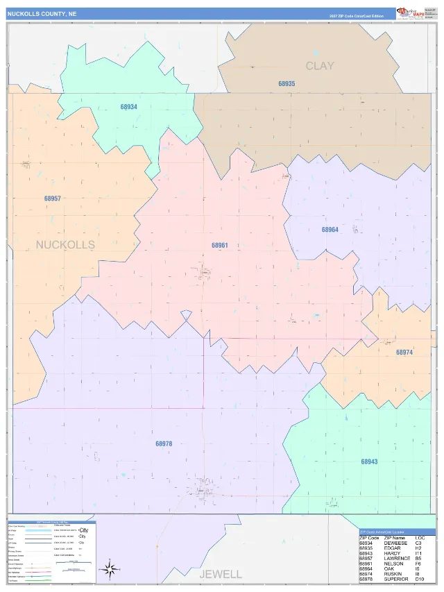 Nuckolls County, NE ZIP Code Wall Map, ColorCast style