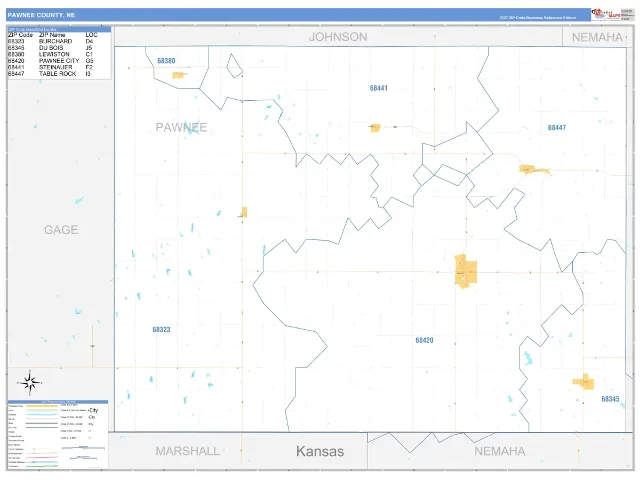 Pawnee County, NE ZIP Code Wall Map, Business Reference style