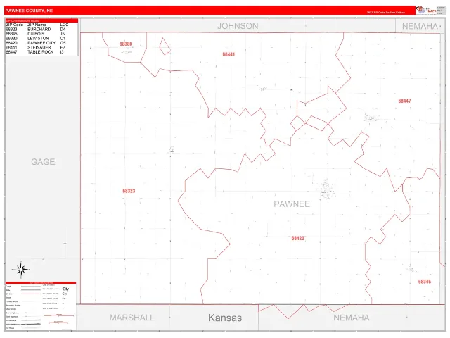 Pawnee County, NE ZIP Code Wall Map, RedLine style