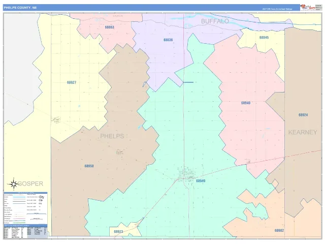 Phelps County, NE ZIP Code Wall Map, ColorCast style