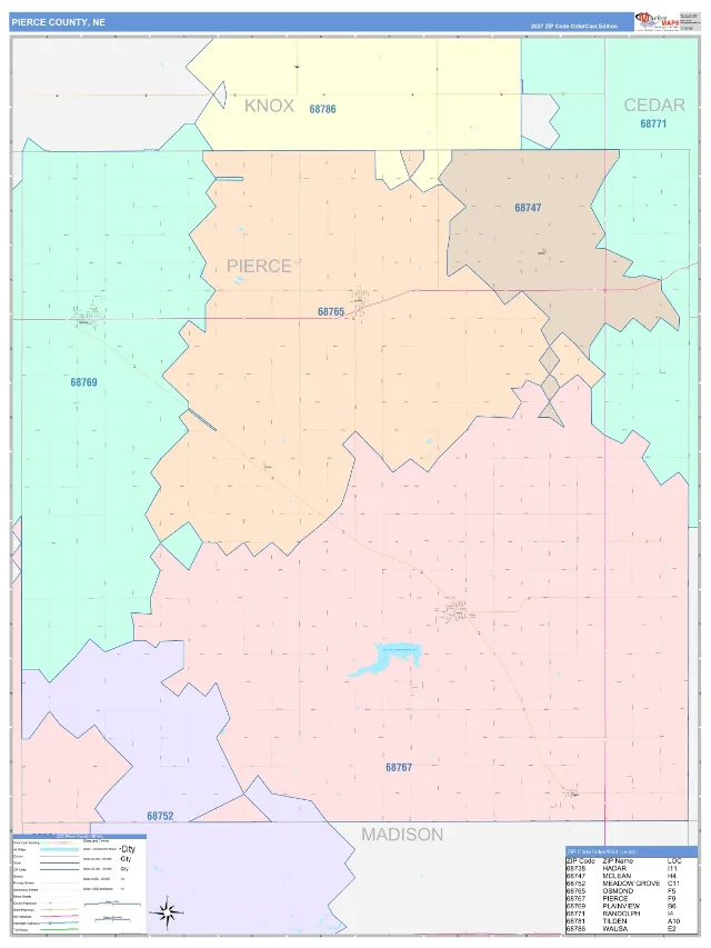 Pierce County, NE ZIP Code Wall Map, ColorCast style