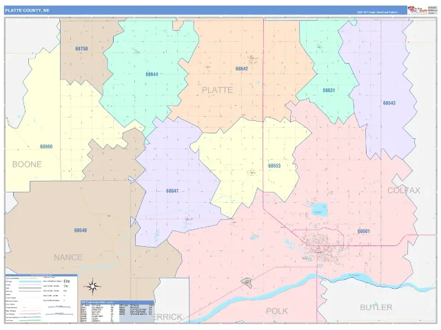 Platte County, NE ZIP Code Wall Map, ColorCast style