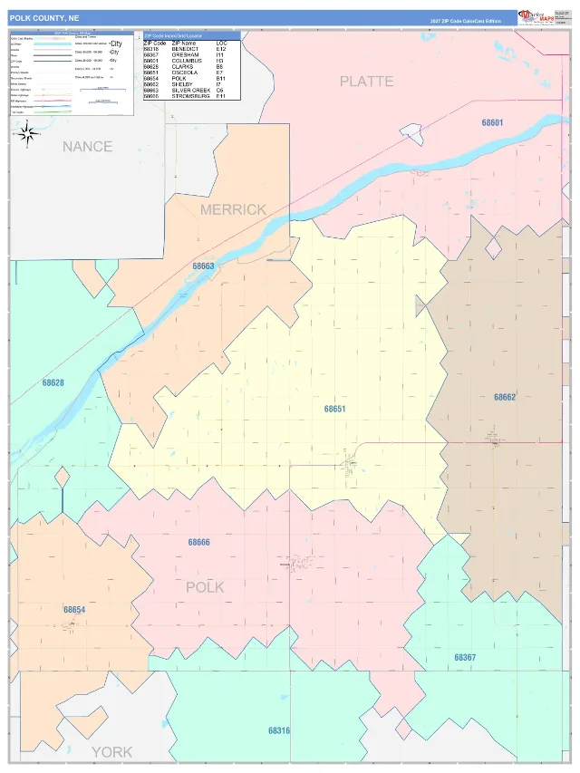 Polk County, NE ZIP Code Wall Map, ColorCast style