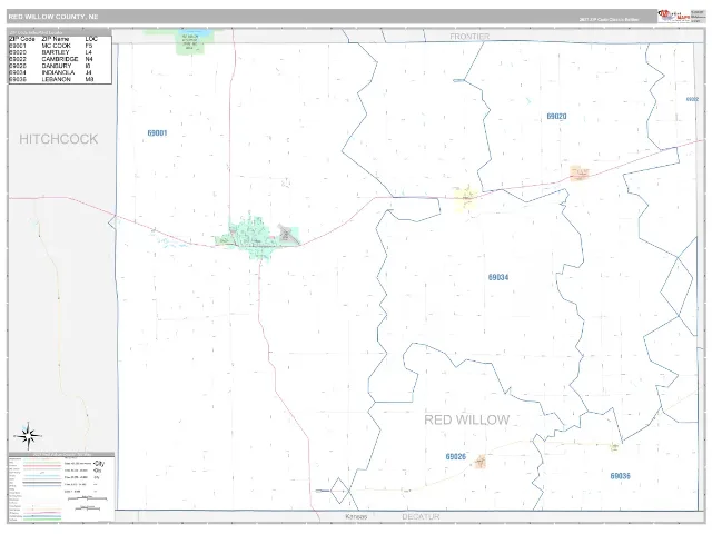 Red Willow County, NE ZIP Code Wall Map, Classic style