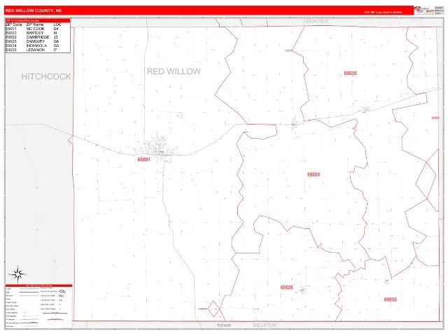 Red Willow County, NE ZIP Code Wall Map, RedLine style