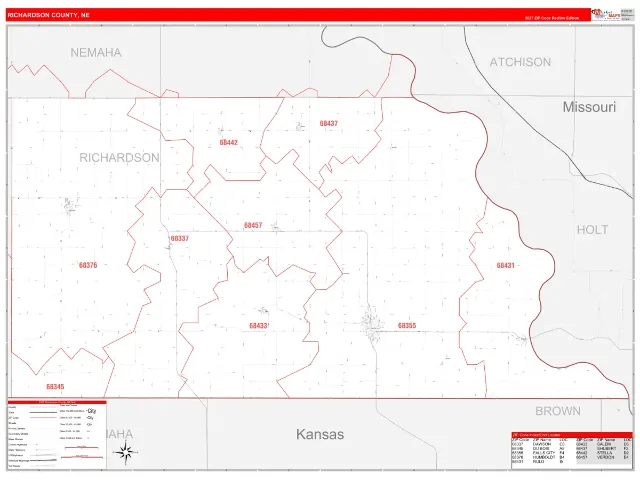 Richardson County, NE ZIP Code Wall Map, RedLine style