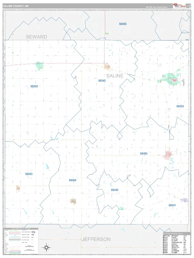 Saline County, NE ZIP Code Wall Map, Classic style