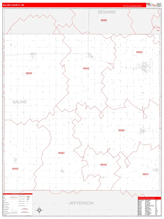 Saline County, NE ZIP Code Wall Map, RedLine style