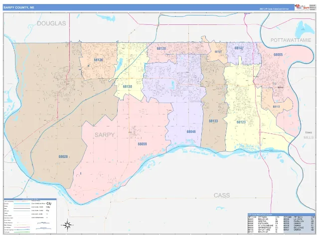 Sarpy County, NE ZIP Code Wall Map, ColorCast style