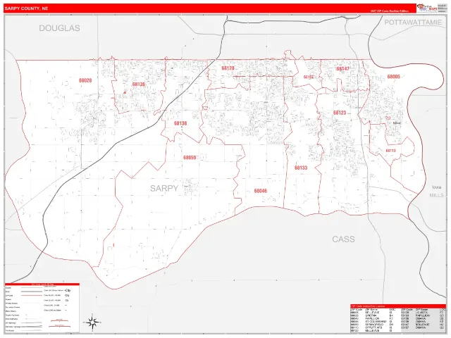 Sarpy County, NE ZIP Code Wall Map, RedLine style