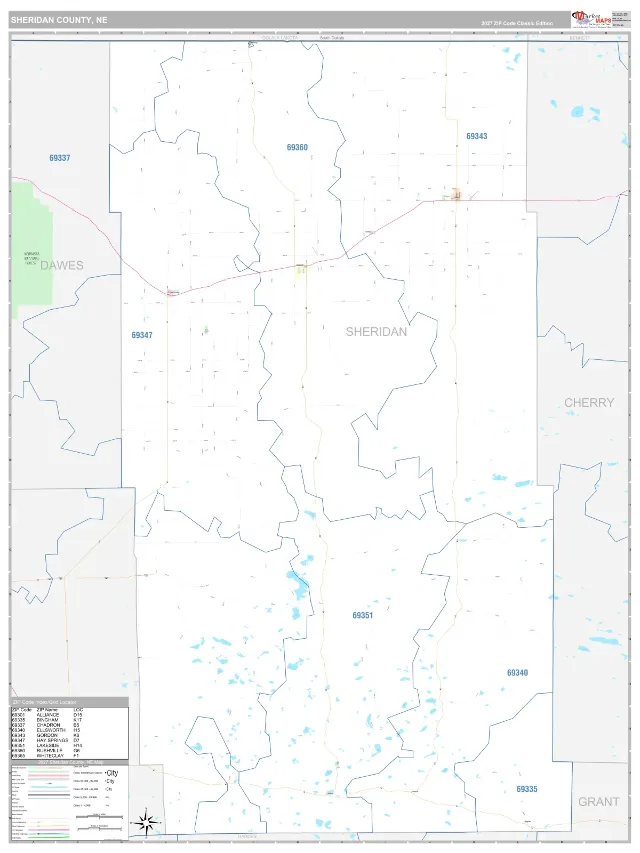 Sheridan County, NE ZIP Code Wall Map, Classic style