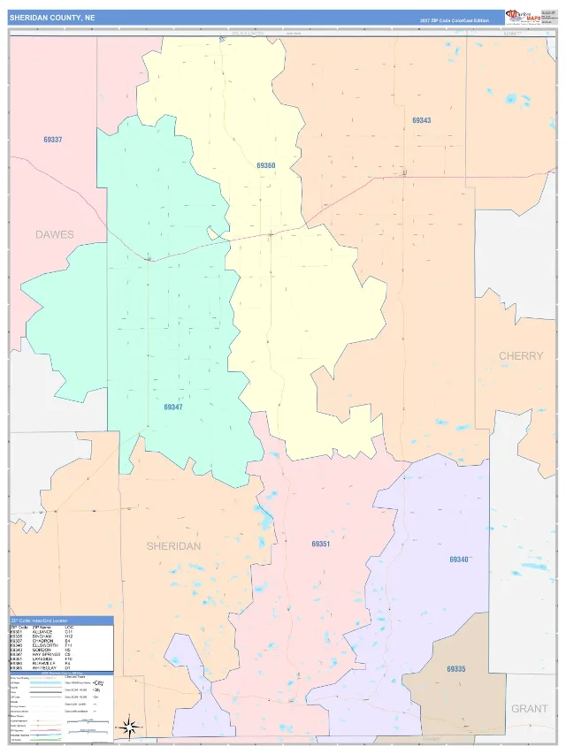 Sheridan County, NE ZIP Code Wall Map, ColorCast style