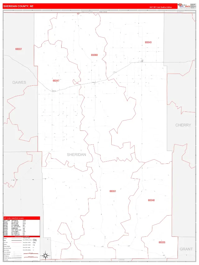Sheridan County, NE ZIP Code Wall Map, RedLine style