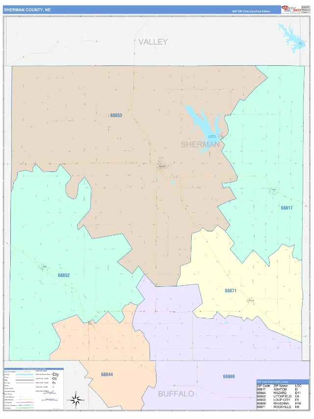 Sherman County, NE ZIP Code Wall Map, ColorCast style