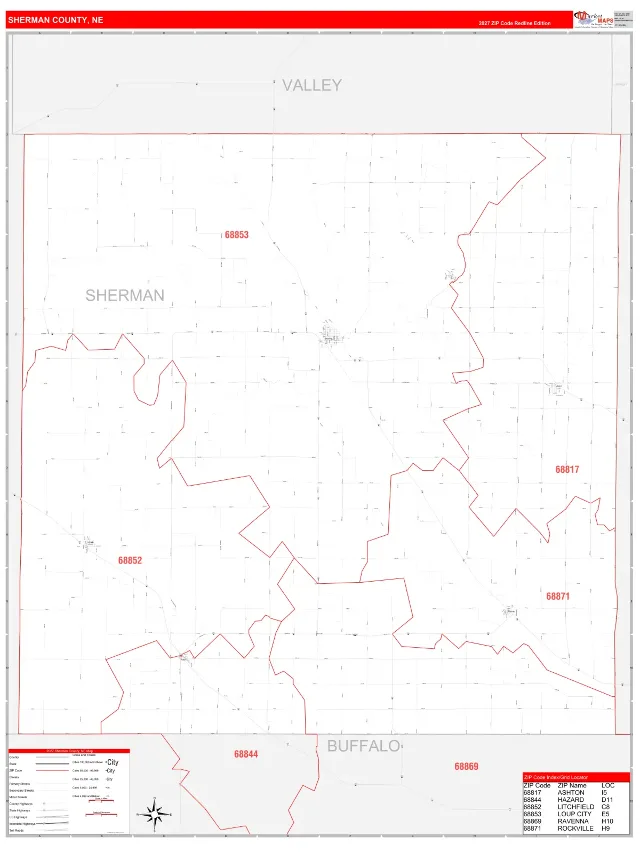 Sherman County, NE ZIP Code Wall Map, RedLine style
