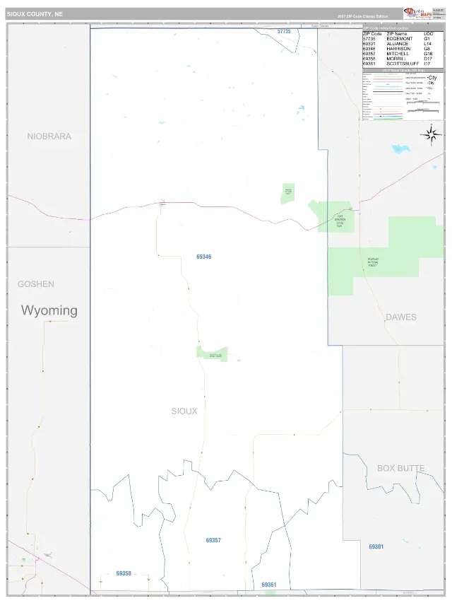 Sioux County, NE ZIP Code Wall Map, Classic style