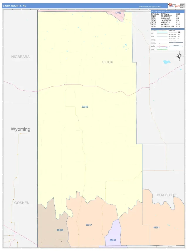 Sioux County, NE ZIP Code Wall Map, ColorCast style