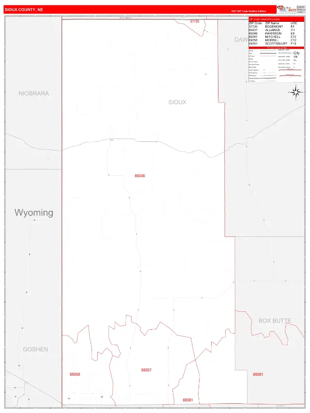 Sioux County, NE ZIP Code Wall Map, RedLine style