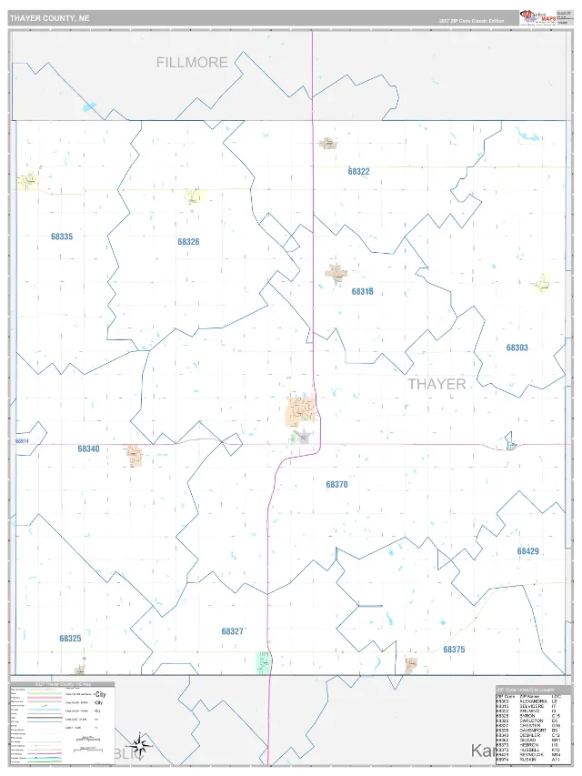 Thayer County, NE ZIP Code Wall Map, Classic style