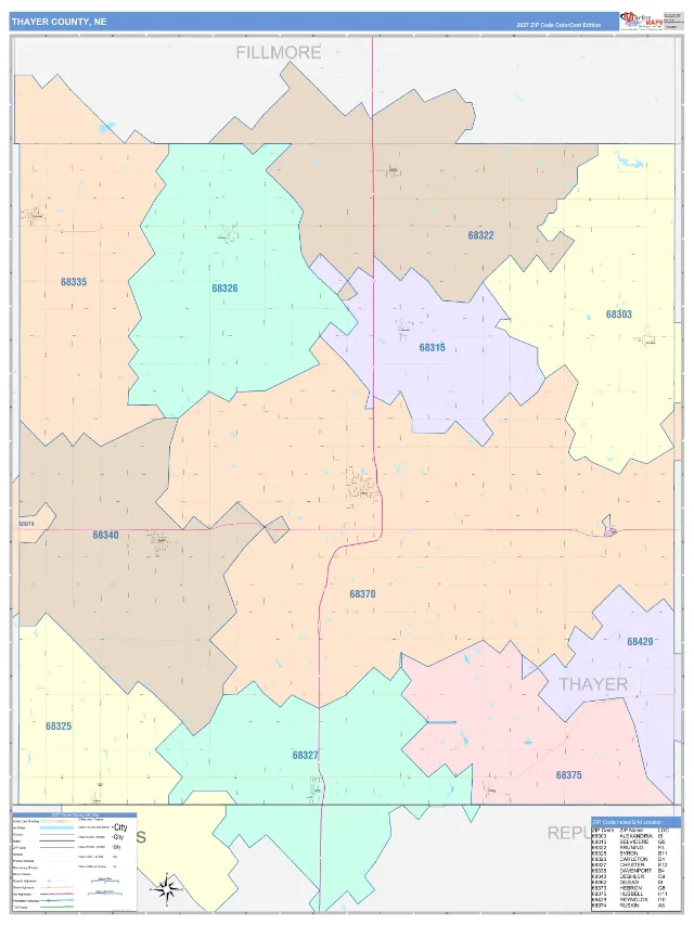 Thayer County, NE ZIP Code Wall Map, ColorCast style