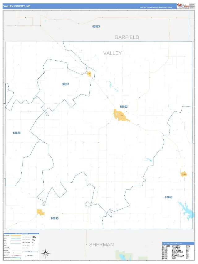 Valley County, NE ZIP Code Wall Map, Business Reference style