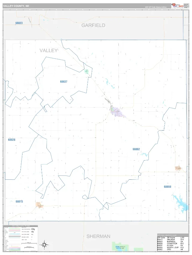 Valley County, NE ZIP Code Wall Map, Classic style