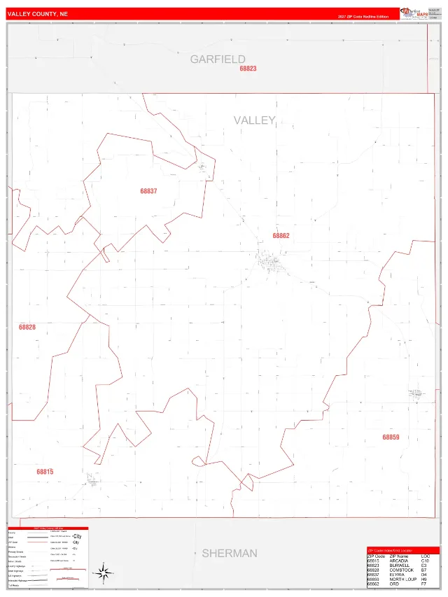 Valley County, NE ZIP Code Wall Map, RedLine style